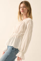 Off White Solid Tiered Ruched Woven Blouse