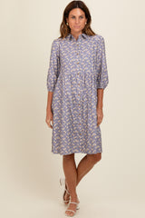 Lavender Floral Button Front 3/4 Sleeve Dress