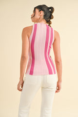 Two Tone Pink Vertical Stripe Lettuce Edge Rib Sweater Tank