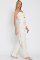 Ivory Beige Tube Vest And High Waisted Satin Long Pants Set