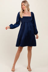 Navy Blue Satin Pleated Detail Bodice Dress