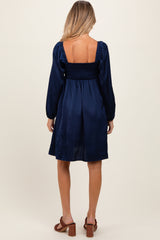 Navy Blue Satin Pleated Detail Bodice Maternity Dress