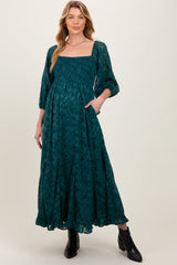 Forest Green Textured Overlay Smocked Ruffled Hem Maternity Maxi Dress