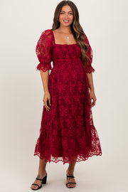 Burgundy Floral Mesh Lace Overlay Maternity Maxi Dress