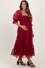 Burgundy Floral Mesh Lace Overlay Maternity Maxi Dress