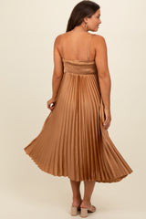 Gold Satin Pleated Sweetheart Maternity Midi Dress