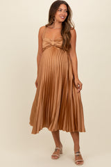 Gold Satin Pleated Sweetheart Maternity Midi Dress