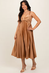 Gold Satin Pleated Sweetheart Midi Dress