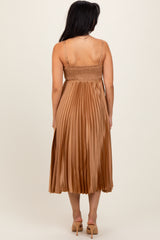 Gold Satin Pleated Sweetheart Midi Dress