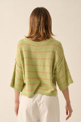 Margarita Apricot Striped Knit Boat Neck 3/4 Sleeve Loose Sweater