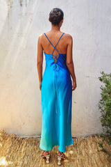 Blue Ombre Criss Cross Back Maxi Dress