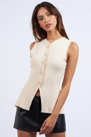 Natural V-Neck Big Button Slit Knit Sweater Vest Top