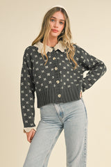 Charcoal Doll Collar Button Up Sweater Cardigan