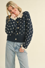 Navy Doll Collar Button Up Sweater Cardigan