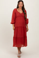 Rust Ruffle Accent Tiered Long Sleeve Maternity Maxi Dress