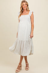 Cream Ruffle Strap Smocked Maternity Mid Dress