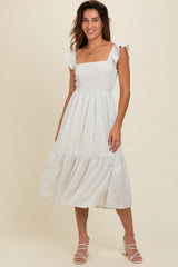 Cream Ruffle Strap Smocked Maternity Mid Dress