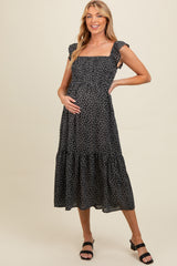 Black Ruffle Strap Smocked Maternity Mid Dress