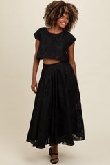 Black Floral Jacquard Crop Top and Skirt Set