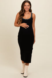 Black Knit Contrast Stitch Detail Maternity Midi Dress