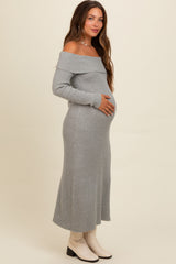 Heather Grey Off Shoulder Back Tie Maternity Sweater Midi Dress