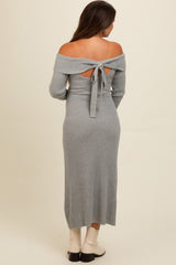 Heather Grey Off Shoulder Back Tie Maternity Sweater Midi Dress