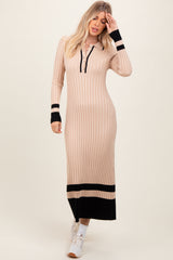 Beige Contrast Trim Knit Polo Midi Dress