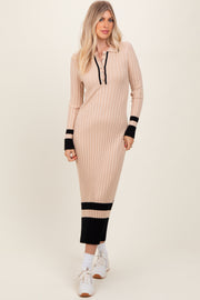 Beige Contrast Trim Knit Polo Midi Dress