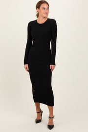 Black Ribbed Knit Fitted Midi Sweater Dress