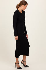 Black Ribbed Knit Fitted Midi Sweater Dress