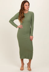 Olive Ribbed Knit Fitted Midi Sweater Dress