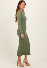 Olive Ribbed Knit Fitted Midi Sweater Dress