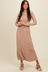 Beige Ribbed Exposed Seam Mock Neck Dress