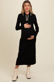 Black Ribbed Contrast Trim Polo Maternity Midi Sweater Dress