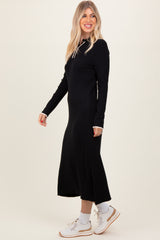 Black Ribbed Contrast Trim Polo Midi Sweater Dress