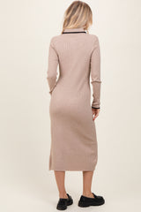 Beige Ribbed Contrast Trim Polo Midi Sweater Dress