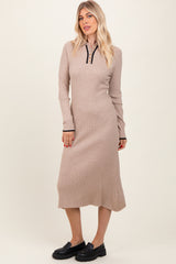 Beige Ribbed Contrast Trim Polo Midi Sweater Dress