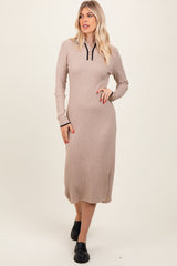 Beige Ribbed Contrast Trim Polo Midi Sweater Dress