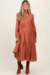 Rust Button Down Long Sleeve Maternity Midi Shirt Dress