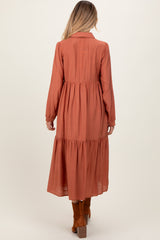 Rust Button Down Long Sleeve Maternity Midi Shirt Dress