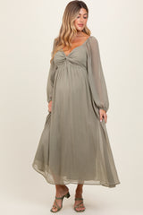 Olive Chiffon Twisted Front Maternity Midi Dress