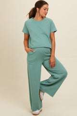 Light Olive Basic Tee And Wide Leg Pant Maternity Set