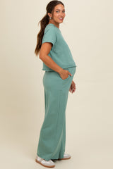 Light Olive Basic Tee And Wide Leg Pant Maternity Set