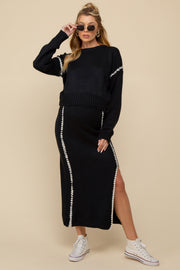 Black Contrast Stitch Knit Sweater And Maxi Skirt Maternity Set