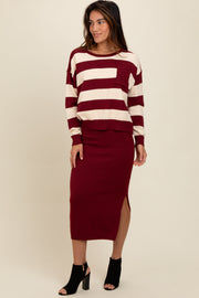 Burgundy Striped Sweater And Fitted Midi Skirt Set