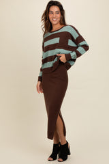 Brown Striped Sweater And Fitted Midi Skirt Set