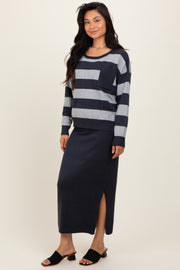 Navy Striped Sweater And Fitted Midi Skirt Set