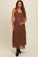 Mocha Textured Smocked Bodice Sleeveless Maternity Maxi Dress