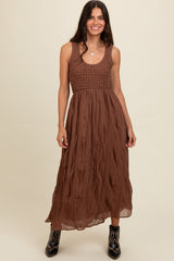 Mocha Textured Smocked Bodice Sleeveless Maxi Dress