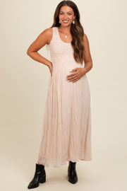 Cream Textured Smocked Bodice Sleeveless Maternity Maxi Dress